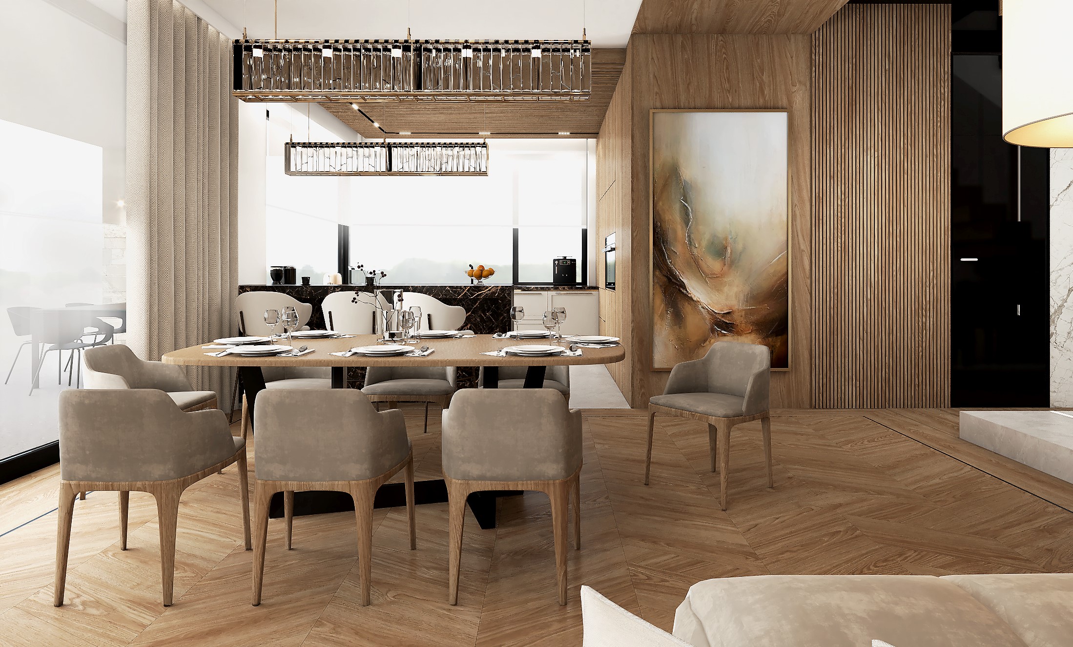 Zdjęcie 3 - Projekt wnętrza domu w Konstancinie - drewno na ścianie w salonie
